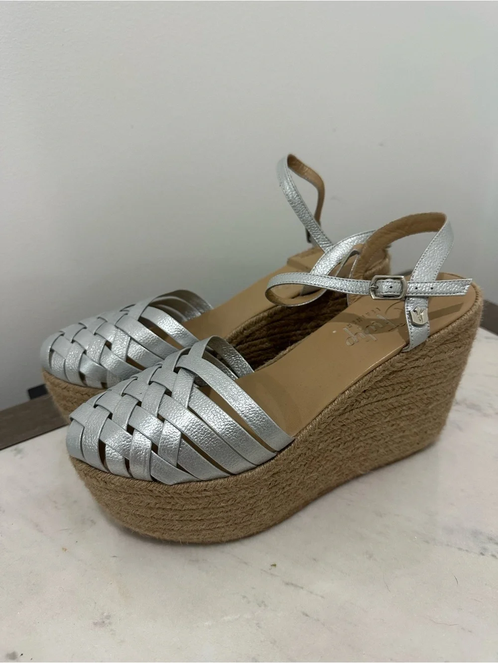 Metallic Silver Woven Espadrille Platform Wedge Sandals